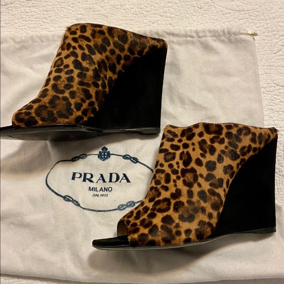 Prada Shoes - PRADA Leopard-Print Combo Wedge Slide